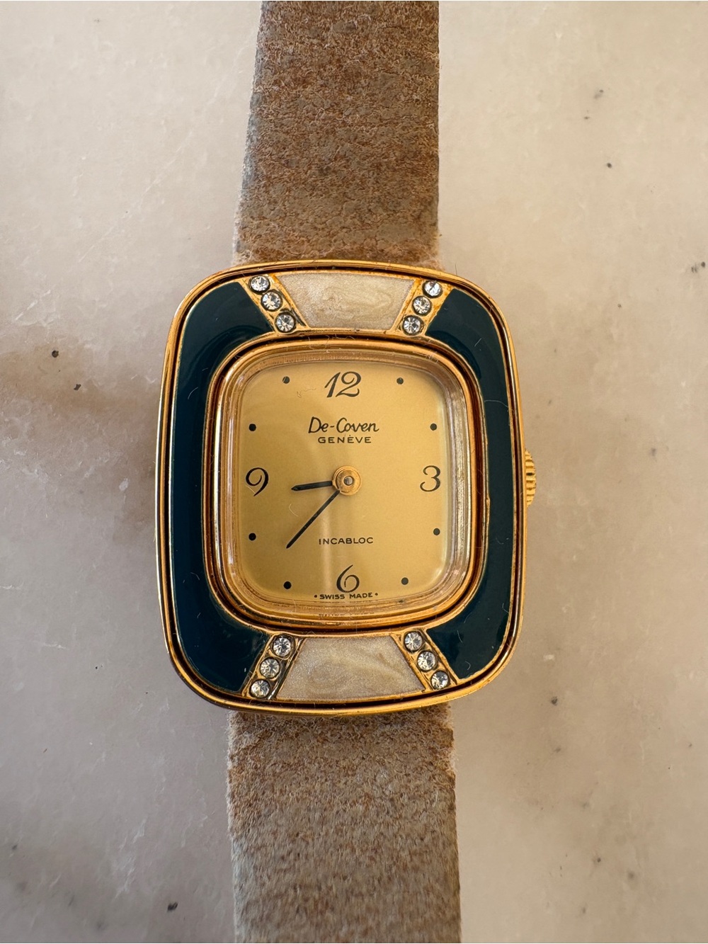 De-Coven Genève Gold-Tone Women's Watch with Teal Enamel crystals and Tan Strap